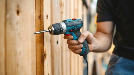 Closeup of Carpenter Using Cordless Drill in Home Repair