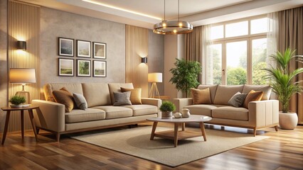 Fototapeta premium Modern beige two-piece furniture set consisting of a sleek sofa and matching armchair, placed in a cozy living