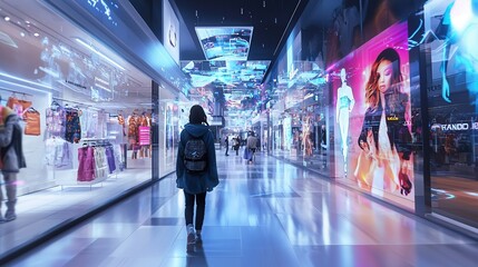A woman walks through a futuristic shopping mall with bright lights and digital displays.