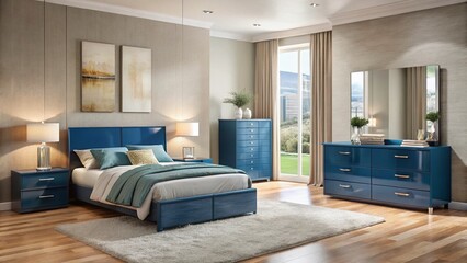 Modern blue gloss finish bedroom furniture set featuring sleek dresser, nightstand, and mirror, with minimalist chrome