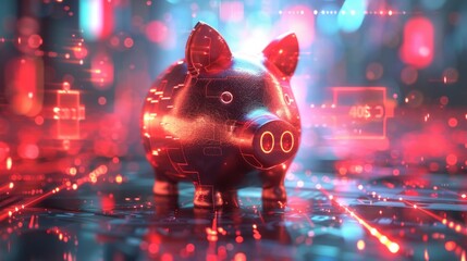 A shiny red piggy bank stands on a glowing circuit board with red and blue lights, representing digital finance and saving.