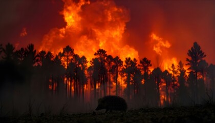 A frightened hedgehog on the outskirts of a forest fire