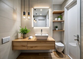 Modern compact bathroom features a sleek, wall-mounted sink with minimalist faucet in a cozy, clutter-free space,