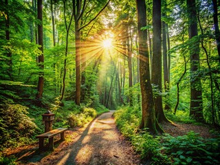 Obraz premium Serene forest trail winding through towering trees, dappled sunlight filtering through leafy canopy, rustic wooden trail signs and lush greenery surrounding the pathway.