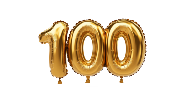 Gold balloon, Number hundred balloon made of gold color on transparent background