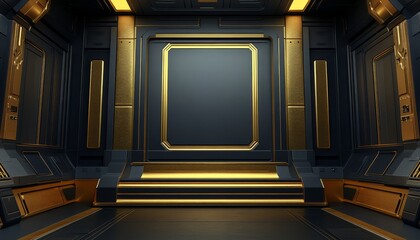 Futuristic Room with Black and Gold Accents and a Blank Frame