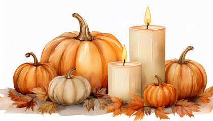 Watercolor painting of burning candles and orange pumpkins isolated on white. Autumn season.