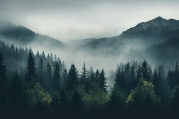 Misty mountain landscape forest mist outdoors.