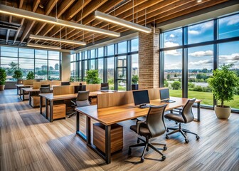 Fototapeta premium Modern corporate office interior with sleek wooden desks, ergonomic chairs, and floor-to-ceiling windows filling the