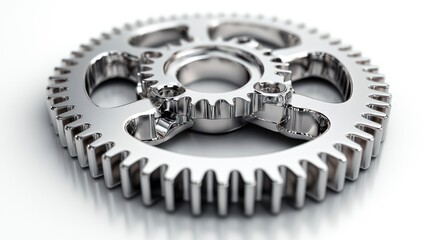 A shiny metallic gear showcasing intricate mechanical design.