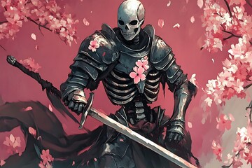 Naklejka premium Skeletal Knight Amidst Falling Cherry Blossoms.