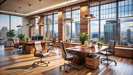Modern corporate office space with sleek wooden desks, leather chairs, and floor-to-ceiling windows, situated in a