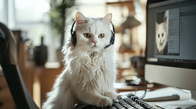 Connected Kitty: Fluffy White Cat Video Calling Friends with Headset and Computer, Looking Serious