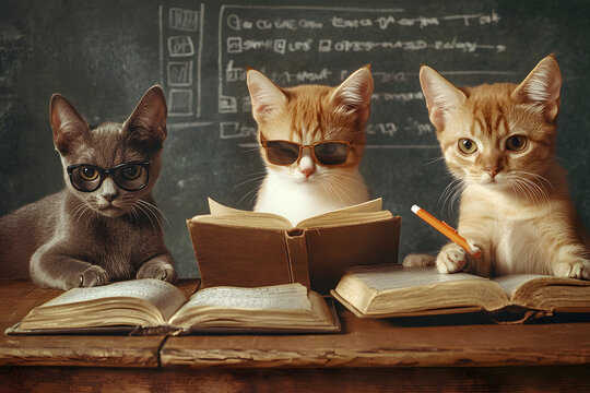 cats studying with books and glasses, funny classroom scene, intelligent kittens reading, creative pet photography, humorous animal education concept, learning cats in school