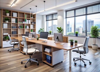Modern corporate workspace featuring sleek, high-quality desks, ergonomic chairs, and stylish shelving units, evoking a