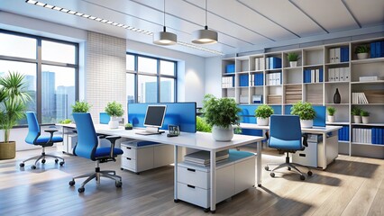 Modern corporate workspace featuring sleek blue-lined desks, ergonomic chairs, and minimalist shelving units, exuding