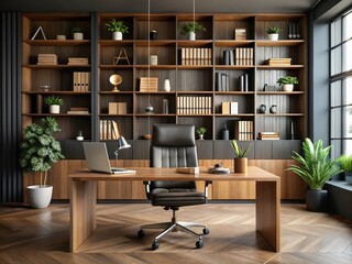 Modern corporate workspace with sleek, black ergonomic chair, wooden desk, and shelves filled with books, awards, and
