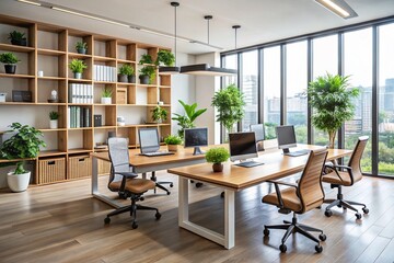 Modern corporate workspace with sleek, ergonomic chairs, rectangular wooden desks, and minimalist shelving units amidst