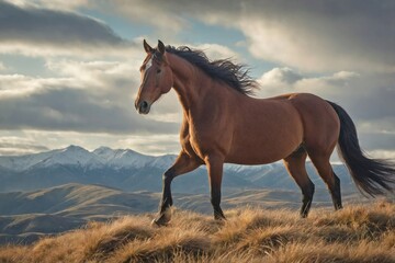 Obraz premium Horse Standing on a Wind-Swept Hilltop with a Mountain Backdrop: A majestic horse stands tall on a grassy hilltop, overlooking a vast landscape of rolling hills and distant mountains.