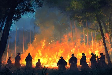 Silhouettes of Warriors Before a Burning Fire in the Forest.