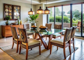 Modern dinette set with sleek wooden chairs and glass-top table situated in a stylishly decorated room with