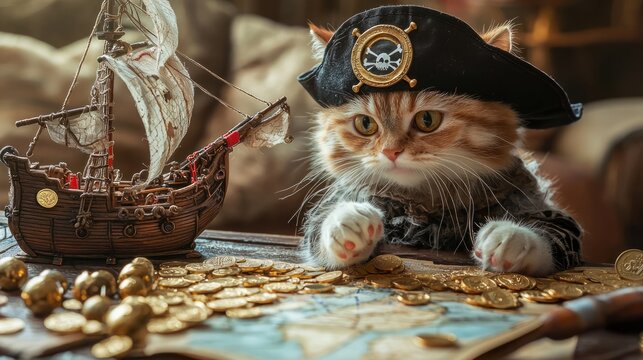 Whiskered Pirate Adventure: Playful Cat Commandeering Toy Ship Amidst Treasure Map and Gold Coins on Table