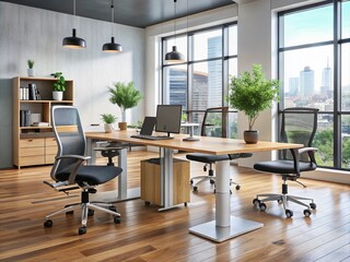 Modern ergonomic adjustable desk with metallic legs and wooden top, surrounded by sleek office chairs and tidy