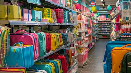 Obraz premium Colorful Backpacks on Display in a Stationery Store - School Supplies, Back to School, Retail, Education, Shopping