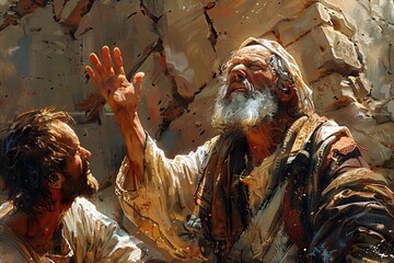 Illustration of Bartimaeus, a blind beggar, calling out to Jesus for healing by the roadside. Jesus stops, heals his blindness, and Bartimaeus follows Him with gratitude.