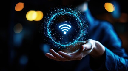 Digital Wi-Fi Symbol in Hands with Glowing Effects