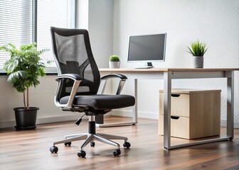 Modern ergonomic office chair with sleek stainless steel frame and black mesh backrest sits in front of a