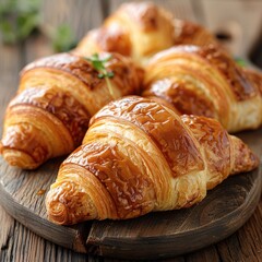 Fototapeta premium Close-up of golden, flaky croissants on a rustic wooden table, capturing their delicious texture.