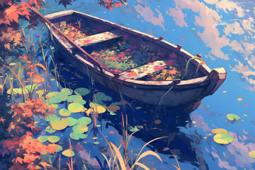 Obraz premium Anime style, Abandoned wooden rowboat half-submerged at the edge of a calm pond, surrounded by reeds and water lilies amid floating autumn leaves