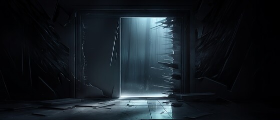 Naklejka premium A mysterious doorway emits a haunting light in a dark, dilapidated space, creating an eerie atmosphere of suspense and intrigue.
