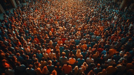 Aerial view of a large crowd gathering for an event in a vibrant indoor venue during late afternoon