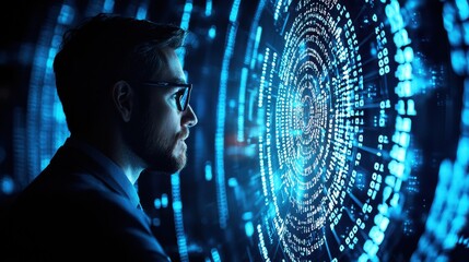 Obraz premium Businessman Analyzing Data Visualization in Dark Room