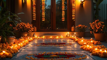 Festive Home Entrance with Rangoli, Marigold Flowers, and Diyas for Diwali Celebration | Space for Text Banner above Decorations