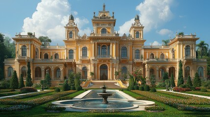 Obraz premium Elegant mansion with lush gardens and a central fountain, showcasing splendid architecture under a bright blue sky