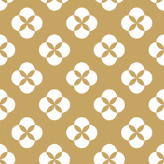 Abstract geometric pattern with circles, crosses, stripes, lines. Seamless vector background. White and gold floral ornament. Modern reticulated graphic design.