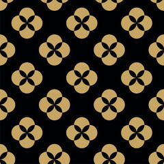 Abstract geometric pattern with circles, crosses, stripes, lines. Seamless vector background. Black and gold floral ornament. Modern reticulated graphic design.