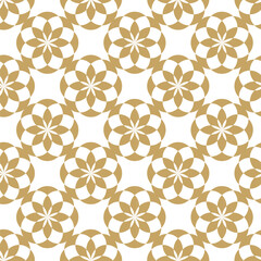 Abstract geometric pattern with circles, crosses, stripes, lines. Seamless vector background. White and gold floral ornament. Modern reticulated graphic design.