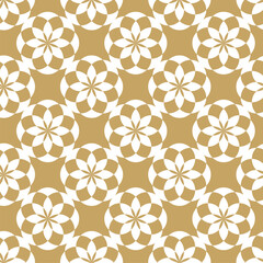Abstract geometric pattern with circles, crosses, stripes, lines. Seamless vector background. White and gold floral ornament. Modern reticulated graphic design.