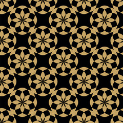 Abstract geometric pattern with circles, crosses, stripes, lines. Seamless vector background. Black and gold floral ornament. Modern reticulated graphic design.