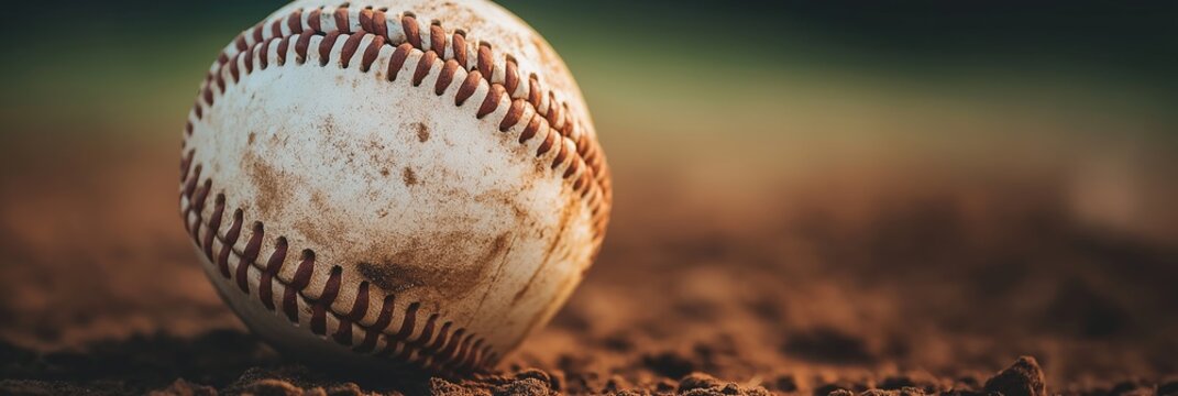 A close-up of a baseball on the infield dirt, showing the details of the stitches and texture of the ball.