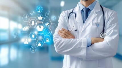 Medical professional with health insurance symbol, hospital backdrop, doctor with graphic