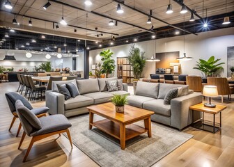 Modern furniture store interior with affordable sofas, dining tables, and bedroom sets on display, with bright lighting