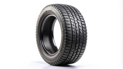 Obraz premium Black tire with deep tread pattern on white background, isolated, side view