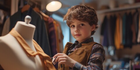 Fototapeta premium Stylishly Dressed Young Boy Browsing Clothing in Retail Store