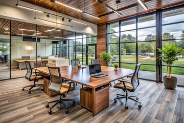 Modern glass-walled office in suburban Detroit features sleek, ergonomic chairs, reclaimed wood desks, and minimalist