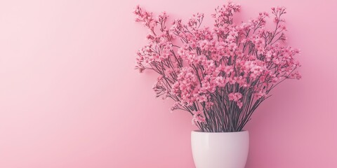 Aesthetic arrangement of pink flowers in a white vase placed against a pink background, representing elegance and simplicity.